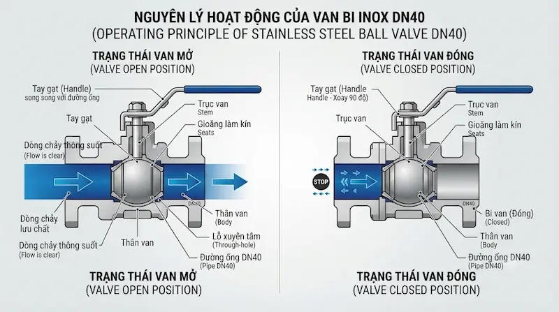 Nguyên lý hoạt động của van bi thép không gỉ trong công nghiệp