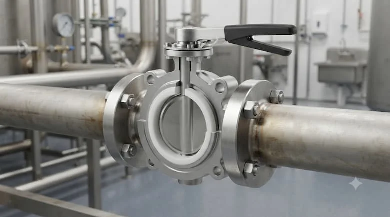 Van bướm bằng thép không gỉ được lắp đặt trong đường ống dẫn nước công nghiệp, ống và mặt bích bằng thép không gỉ, môi trường nhà máy thực tế