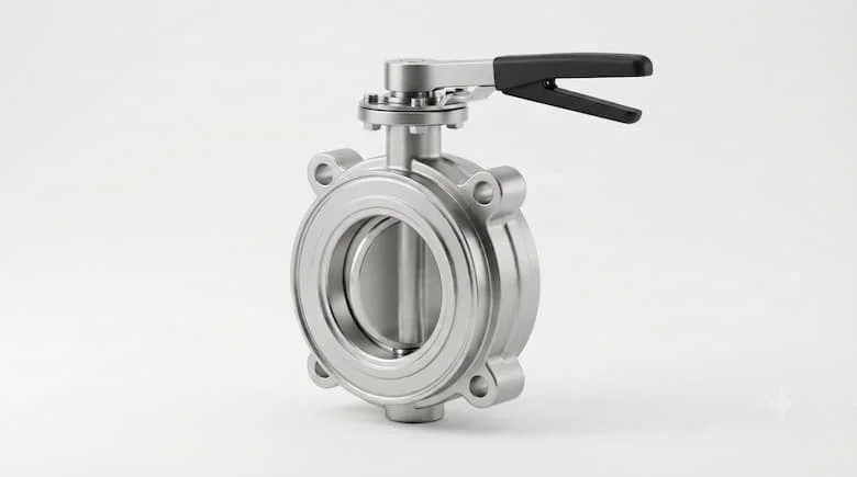 Ảnh sản phẩm chuyên nghiệp của van bướm bằng thép không gỉ, thân van bằng thép không gỉ 304/316, nền trắng sạch, ánh sáng studio, chân thực, độ phân giải 4K