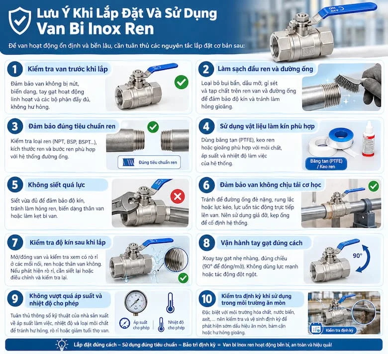 Các lưu ý khi lắp đặt và sử dụng van bi inox ren