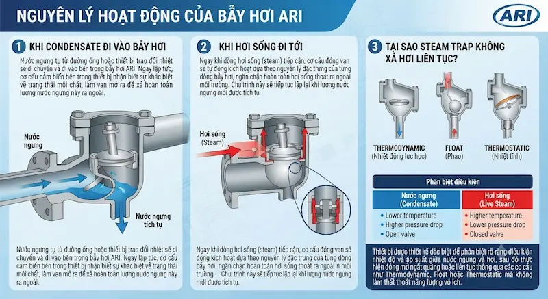 Nguyên lý hoạt động và cấu tạo bên trong của bẫy hơi ari trong công nghiệp