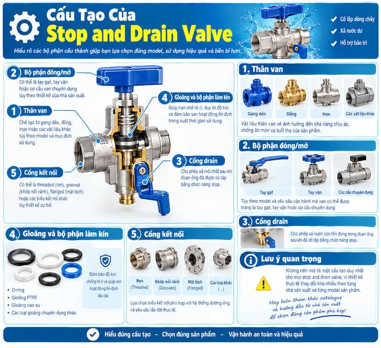 Hình ảnh minh họa cấu tạo chi tiết của Stop and Drain Valve với các bộ phận chính như thân van, cơ cấu đóng/mở, cổng drain, gioăng làm kín và các kiểu kết nối, đồng thời thể hiện sự khác biệt về vật liệu và thiết kế giữa từng model.