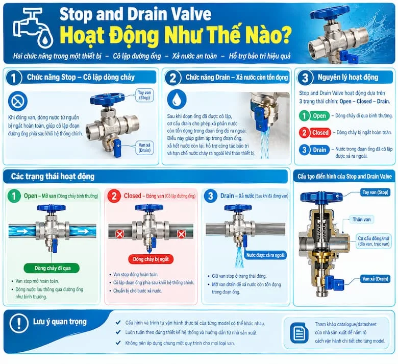 Hình ảnh minh họa nguyên lý hoạt động của Stop and Drain Valve qua ba trạng thái Open – Closed – Drain, giúp làm rõ chức năng ngắt dòng, cô lập đường ống và xả lượng nước còn tồn đọng để hỗ trợ bảo trì an toàn.