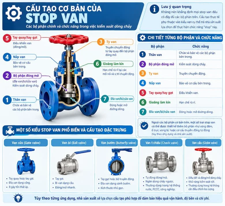 Hình ảnh mô phỏng cấu tạo của một stop van với các bộ phận chính gồm thân van, bộ phận đóng mở, ty van, nắp van, tay quay hoặc tay gạt, gioăng làm kín và đĩa van/bi/cửa van