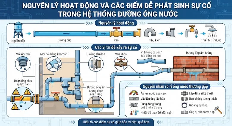 Nguyên lý hoạt động của hệ thống ống nước và các vị trí dễ phát sinh sự cố