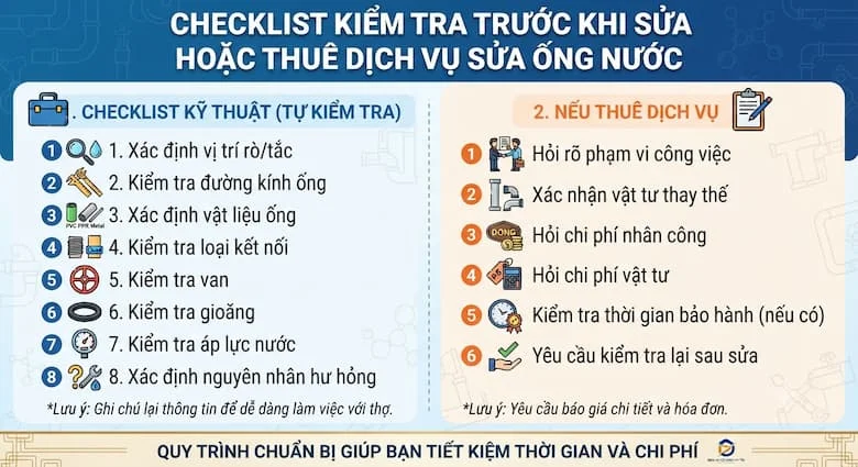 Gồm 6 bước lưu ý quan trọng khi làm việc với thợ như hỏi rõ phạm vi công việc, vật tư thay thế, chi phí nhân công, vật tư, thời gian bảo hành và yêu cầu kiểm tra lại sau sử