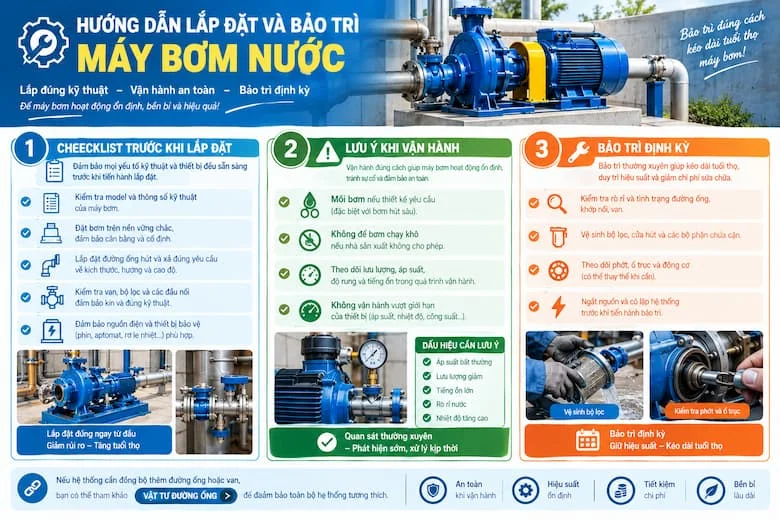 Hình ảnh mô tả các công việc bảo dưỡng máy bơm nước cần thực hiện định kỳ như kiểm tra rò rỉ tại thân bơm và đường ống, vệ sinh bộ lọc, làm sạch cửa hút, kiểm tra phớt cơ khí, ổ trục và động cơ.