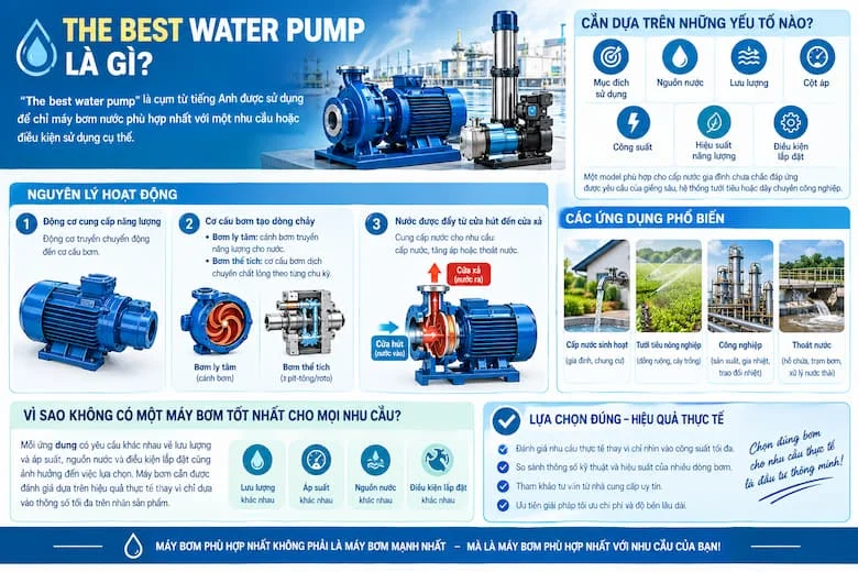 Hình ảnh minh họa quy trình chuẩn bị và lắp đặt máy bơm nước, từ kiểm tra model, thông số kỹ thuật, vị trí đặt bơm đến đấu nối đường ống hút, đường ống xả, van và bộ lọc