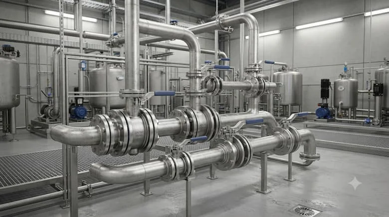 một cảnh lắp đặt công nghiệp chân thực với nhiều van bướm bằng thép không gỉ có tay cầm cần gạt được lắp đặt trên các đường ống bằng thép không gỉ trong một cơ sở xử lý hoặc chế biến nước công nghiệp hiện đại.
