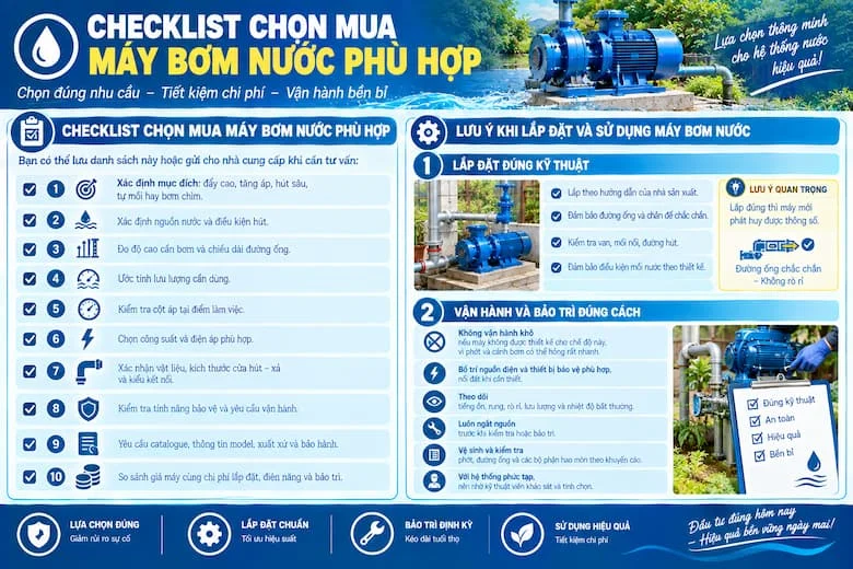 Checklist 10 Tiêu Chí Quan Trọng Khi Chọn Mua Máy Bơm Nước Phù Hợp Với Nhu Cầu Sử DụngHình ảnh minh họa danh sách 10 tiêu chí cần kiểm tra trước khi lựa chọn máy bơm nước