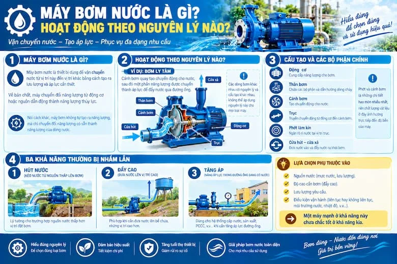 Hình ảnh giới thiệu các nguyên tắc sử dụng và bảo dưỡng máy bơm nước an toàn, từ việc không để máy chạy khô khi thiết bị không được thiết kế cho chế độ này đến theo dõi tiếng ồn, độ rung, lưu lượng