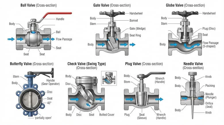 một infographic kỹ thuật chi tiết thể hiện cấu trúc bên trong và cơ chế hoạt động của các loại van khác nhau. Bao gồm các mặt cắt ngang của van bi, van cổng, van cầu, van bướm, van một chiều, van nút và van kim