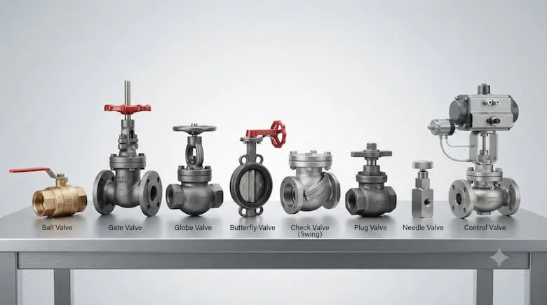 một gian trưng bày sản phẩm công nghiệp chuyên nghiệp, giới thiệu các loại van chính được sử dụng trong hệ thống đường ống. Trưng bày một số van công nghiệp thực tế được sắp xếp gọn gàng cạnh nhau, bao gồm van bi