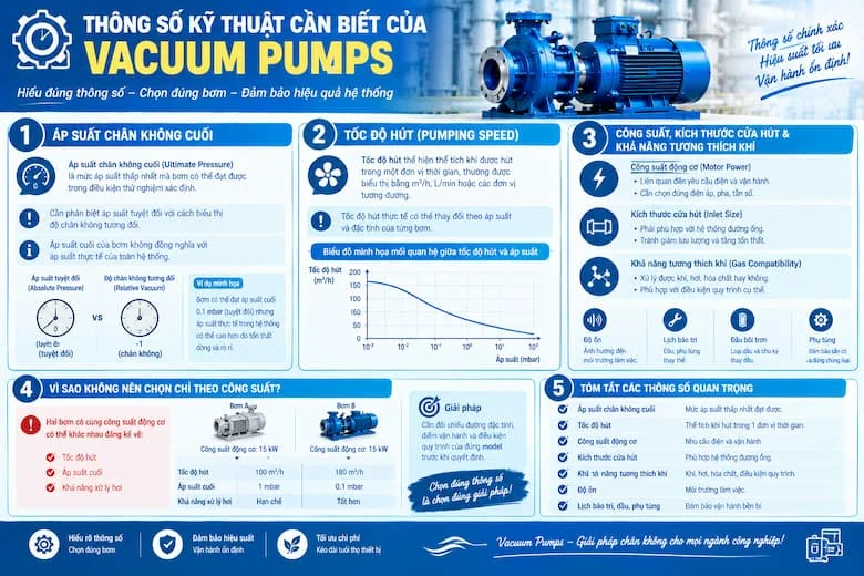 Hình ảnh minh họa các thông số kỹ thuật quan trọng khi lựa chọn vacuum pumps, bao gồm áp suất chân không cuối (Ultimate Pressure), tốc độ hút (Pumping Speed), công suất động cơ, kích thước cửa hút và khả năng tương thích với khí, hơi hoặc hóa chất trong quy trình