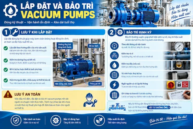 Hình ảnh hướng dẫn các bước lắp đặt và bảo dưỡng máy bơm chân không công nghiệp, từ lựa chọn vị trí đặt máy trên nền chắc chắn, kiểm tra đường ống và độ kín hệ thống đến bố trí bộ lọc, thiết bị tách và kiểm tra nguồn điện theo tài liệu kỹ thuật