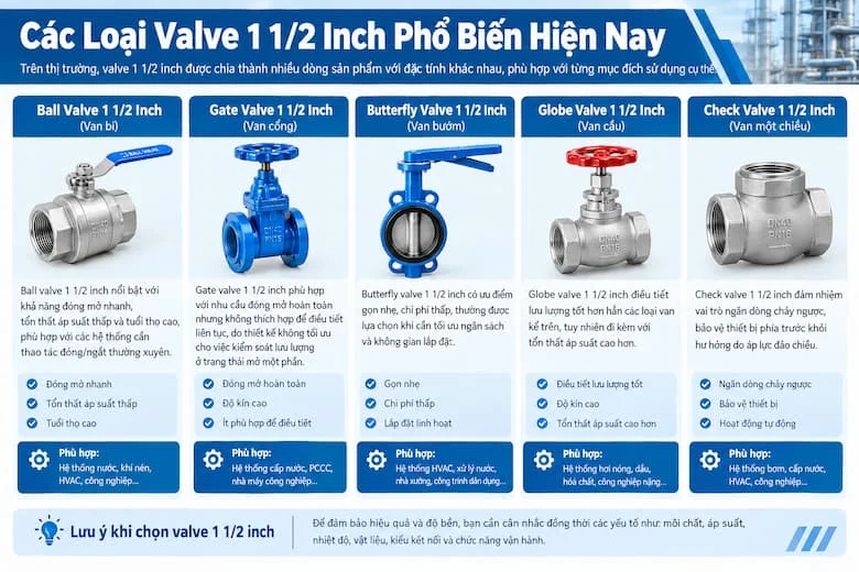 So sánh các loại valve 1 1/2 inch gồm van bi, van cổng, van bướm và van cầu
