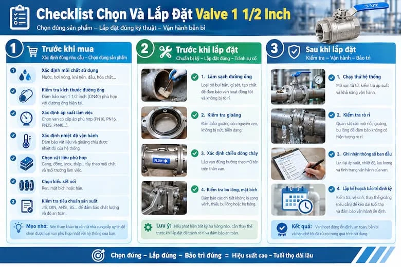 Hướng dẫn lựa chọn, lắp đặt và kiểm tra valve 1 1/2 inch đúng kỹ thuật