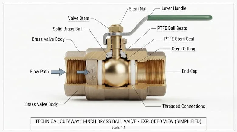 Sơ đồ kỹ thuật cắt ngang của van bi 1 inch, thể hiện thân bằng đồng thau, bi, trục, gioăng PTFE và tay gạt