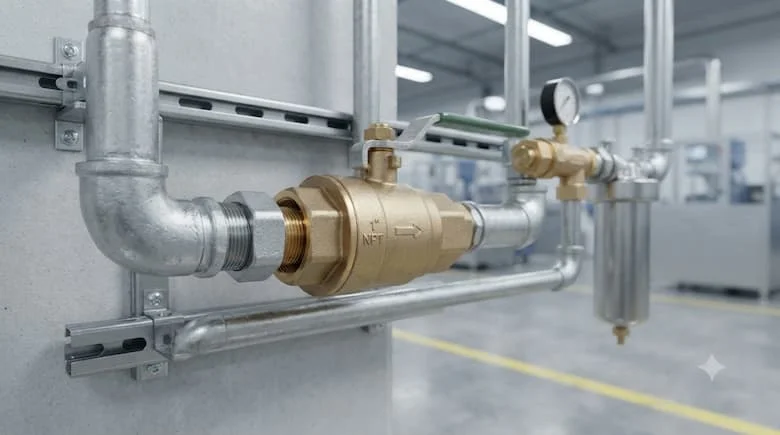 Van bi 1 inch thực tế được lắp đặt trên đường ống nước công nghiệp, kết nối ren, tay gạt, hệ thống đường ống chuyên nghiệp, môi trường nhà máy sạch sẽ, hình ảnh chân thực