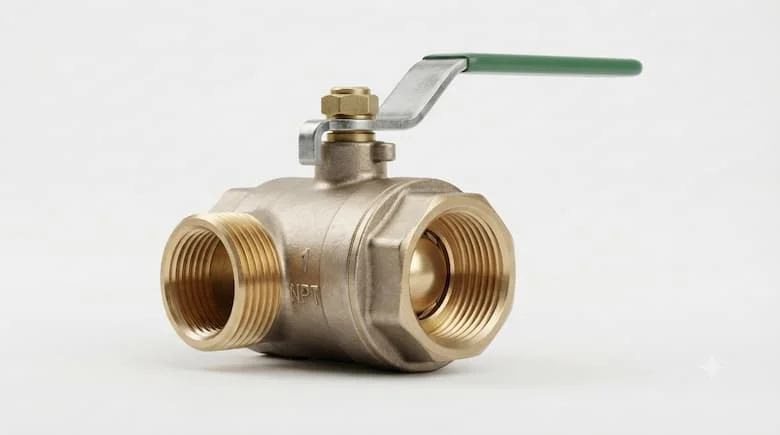 Ảnh sản phẩm chuyên nghiệp của van bi bằng đồng thau 1 inch, đầu ren, tay gạt, vân đồng thau chân thực