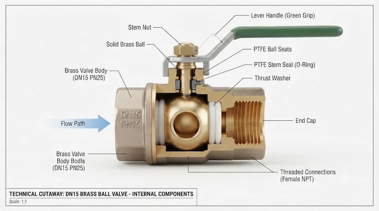 Sơ đồ mặt cắt kỹ thuật của van bi bằng đồng thau DN15, thể hiện thân van, bi van, trục van, gioăng PTFE và tay gạt,