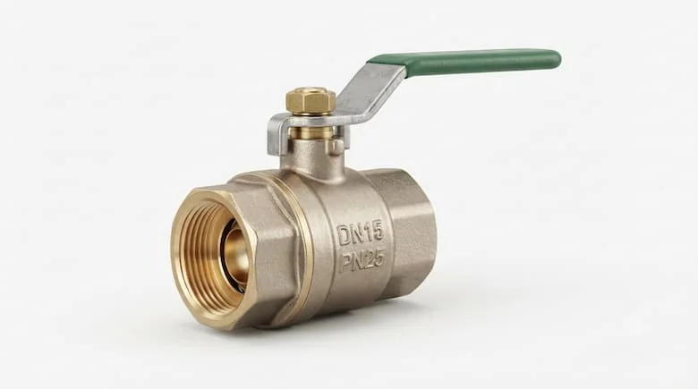 Ảnh sản phẩm chuyên nghiệp của một van bằng đồng thau DN15 (1/2 inch), có ren ở hai đầu, tay cầm dạng cần gạt