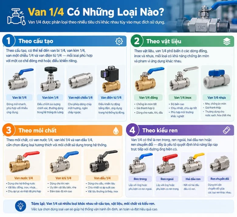 Các Loại Van 1/4 Phổ Biến Theo Cấu Tạo, Vật Liệu, Môi Chất Và Kiểu Ren
