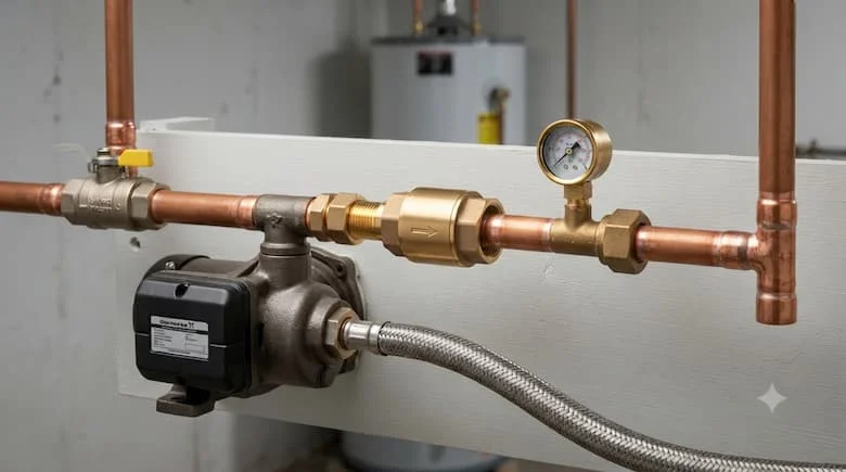 Van một chiều 3/4 inch được lắp đặt trên đường ống nước và hệ thống bơm nước dân dụng, hình ảnh lắp đặt đường ống thực tế, ống và phụ kiện, chụp ảnh công nghiệp chuyên nghiệp