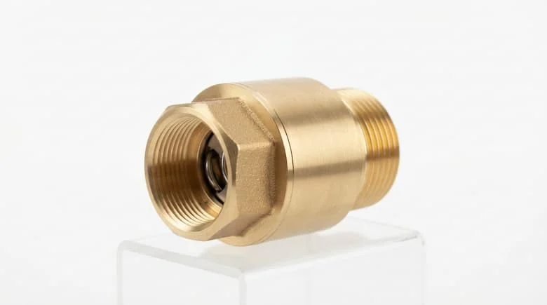 Ảnh sản phẩm chuyên nghiệp của van một chiều 3/4 inch, thân bằng đồng thau hoặc thép không gỉ, kết nối ren, nền trắng sạch