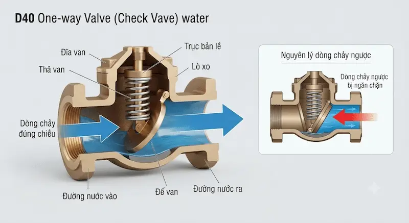 Nguyên lý hoạt động và cấu tạo bên trong của van một chiều d40