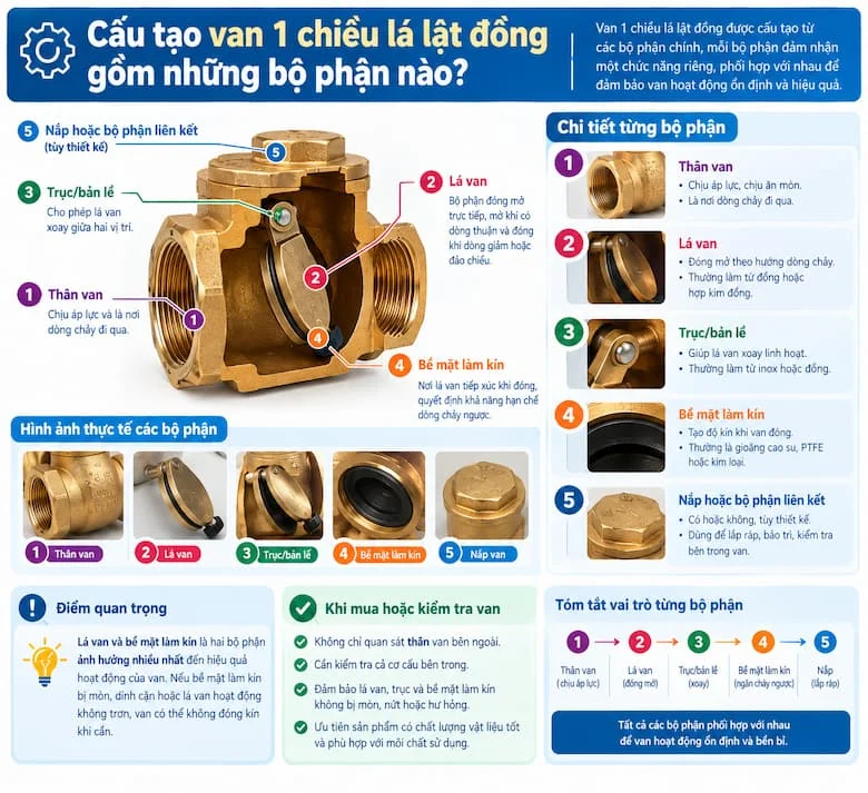Cấu tạo chi tiết và các bộ phận chính của van 1 chiều lá lật đồng