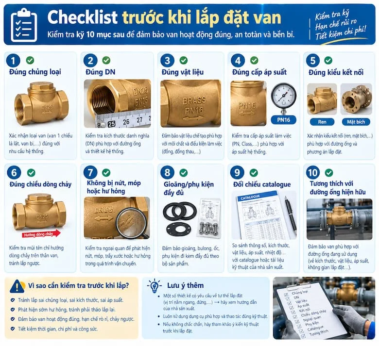 Checklist kiểm tra van 1 chiều lá lật đồng trước khi lắp đặt vào hệ thống đường ống