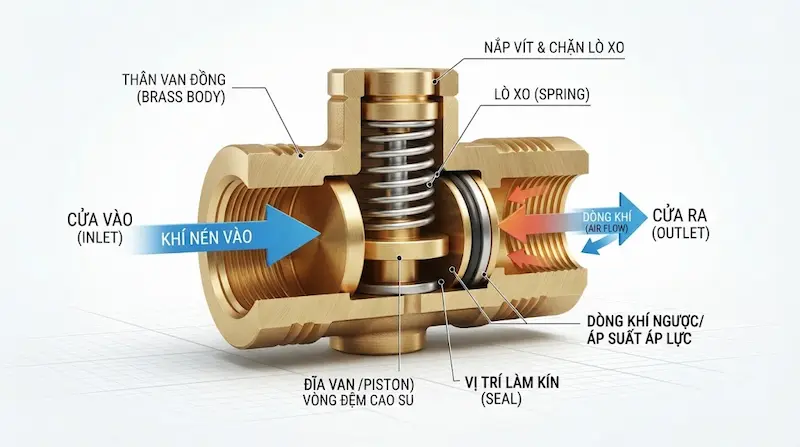 Nguyên lý hoạt động và cấu tạo bên trong của van một chiều máy nén khí