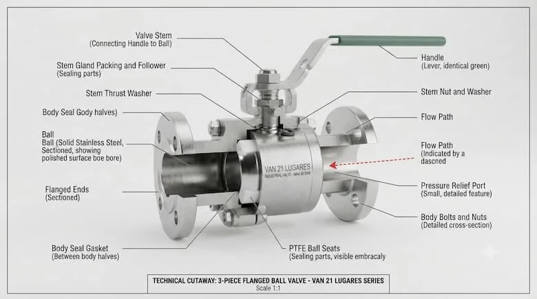 Sơ đồ kỹ thuật cắt ngang của van van 21 lugares, thể hiện thân van, trục van, các bộ phận làm kín và cơ cấu bên trong,