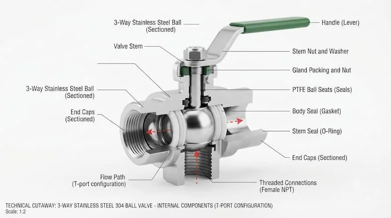 Sơ đồ mặt cắt kỹ thuật của van bi 3 chiều bằng thép không gỉ 304, thể hiện thân van, bi van, trục van, gioăng PTFE và tay cầm,