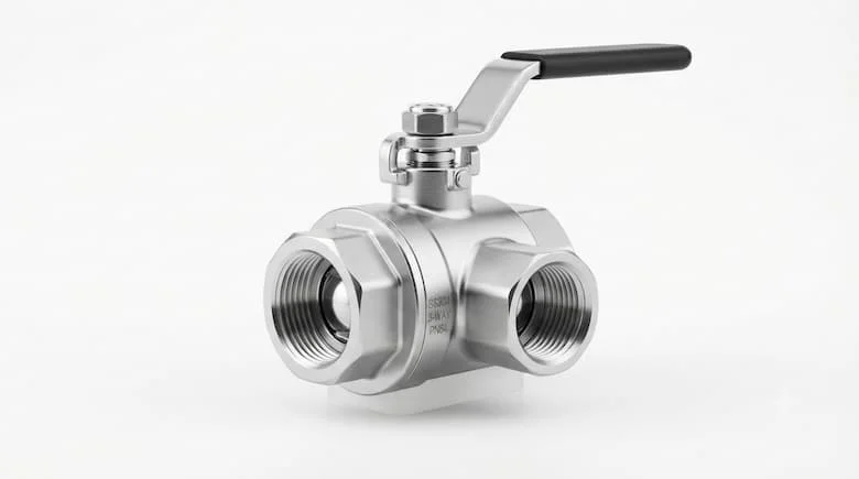 Ảnh sản phẩm chuyên nghiệp của van bi 3 chiều bằng thép không gỉ 304, ba cổng ren, tay cầm cần gạt, bề mặt kim loại được đánh bóng, nền trắng, ánh sáng studio
