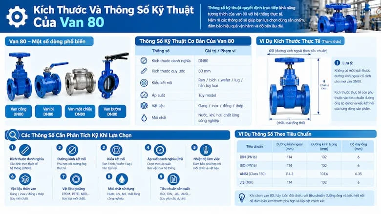 Tổng hợp các thông số quan trọng của van DN80 như kích thước, kiểu kết nối, áp suất, vật liệu, môi chất và tiêu chuẩn sản xuất.