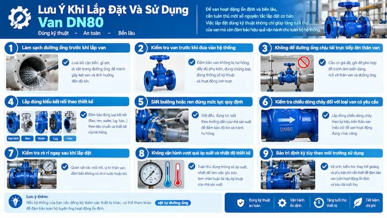 Minh họa các nguyên tắc cần tuân thủ khi lắp đặt, kiểm tra, vận hành và bảo trì van DN80 để đảm bảo an toàn và độ bền.