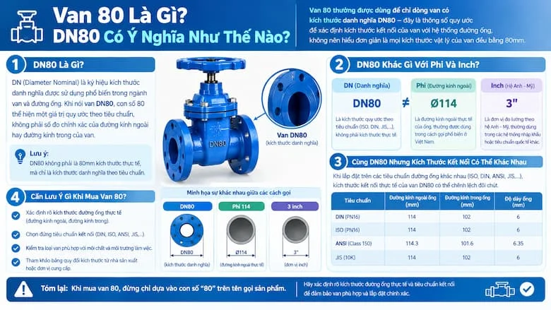 Minh họa khái niệm van 80, ý nghĩa kích thước danh nghĩa DN80 và sự khác biệt giữa DN, phi và inch.