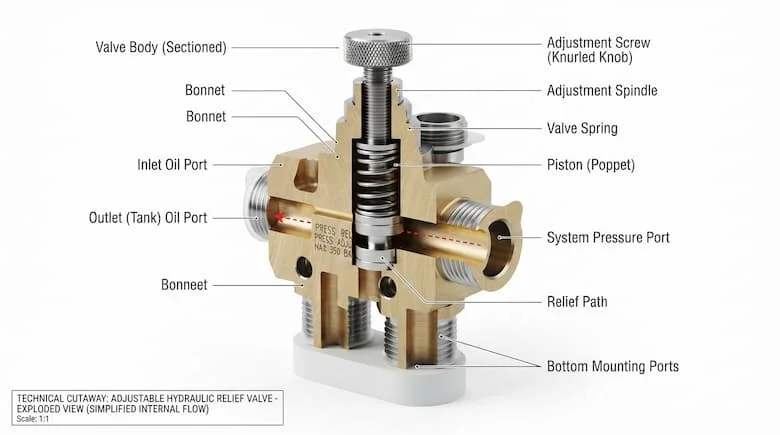 Sơ đồ kỹ thuật cắt ngang của van giảm áp thủy lực, thể hiện thân van, lò xo, piston, vít điều chỉnh và các lỗ dẫn dầu