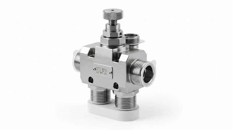 Ảnh sản phẩm chuyên nghiệp của van giảm áp thủy lực, thân bằng thép, vít điều chỉnh áp suất, cổng thủy lực, thiết kế công nghiệp, nền trắng sạch