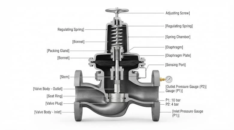 sơ đồ cắt kỹ thuật tỷ lệ 16:9 của một van giảm áp công nghiệp, thể hiện thân van, lò xo, màng ngăn, trục van và các bộ phận làm kín, theo phong cách kỹ thuật thực tế