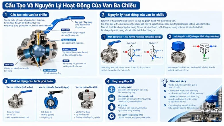 Cấu tạo van ba chiều và nguyên lý hoạt động theo từng vị trí điều hướng dòng