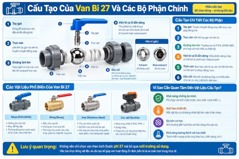 Hình ảnh mô phỏng cấu tạo van bi phi 27 với các bộ phận chính gồm thân van, viên bi, lỗ dẫn dòng, trục van, tay gạt, gioăng làm kín và đầu kết nối đường ống.