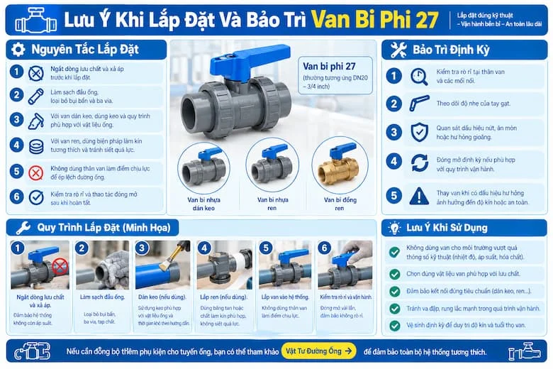 Hình ảnh trình bày các bước lắp đặt van bi phi 27 từ ngắt dòng lưu chất, xả áp, vệ sinh đầu ống đến thực hiện kết nối bằng phương pháp dán keo hoặc nối ren phù hợp với từng loại van