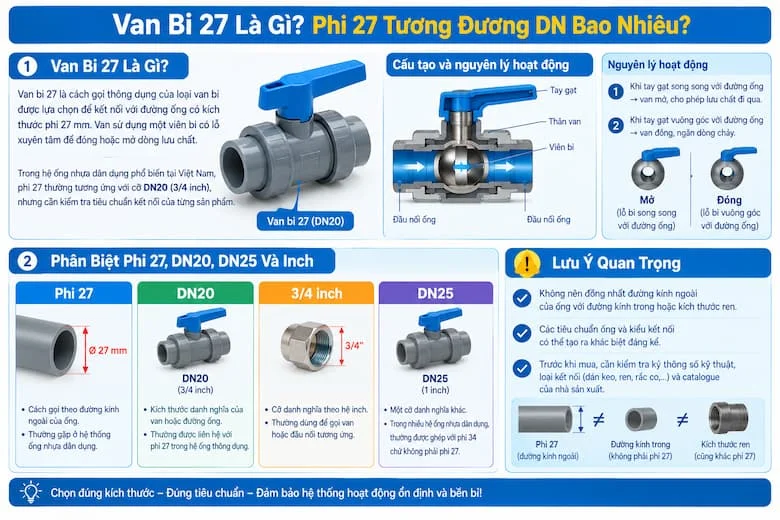 Hình ảnh giới thiệu van bi phi 27 với thiết kế tay gạt đóng mở nhanh, minh họa viên bi có lỗ xuyên tâm và nguyên lý điều tiết dòng lưu chất qua đường ống