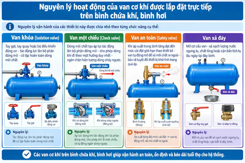 Nguyên lý hoạt động của van cơ khí được lắp đặt trực tiếp trên bình chứa khí, bình hơi