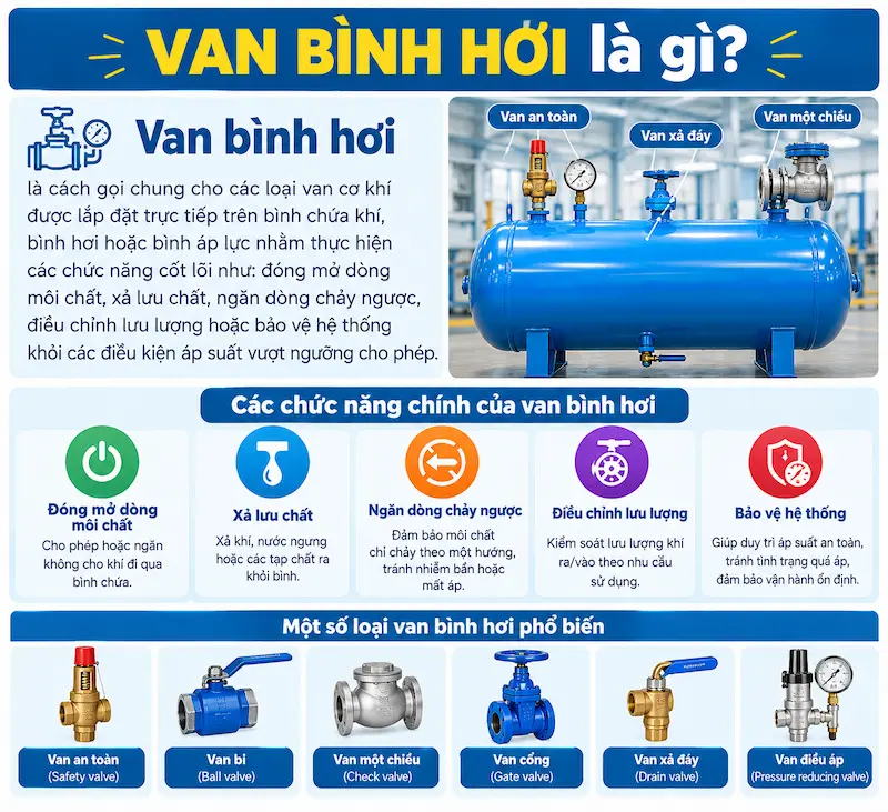 Giới thiệu chi tiết về các loại van cơ khí được lắp đặt trực tiếp trên bình chứa khí