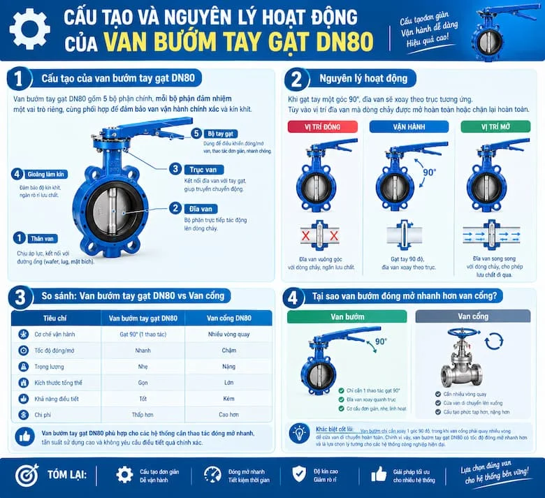 Cấu Tạo Và Nguyên Lý Hoạt Động Của Van Bướm Tay Gạt DN80 Giúp Đóng Mở Dòng Chảy Nhanh Chóng Và Hiệu Quả