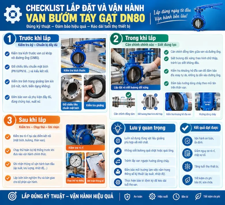 Lắp Đặt Và Vận Hành Van Bướm Tay Gạt DN80 Đúng Kỹ Thuật Để Đảm Bảo Độ Bền Và Hiệu Suất Hệ Thống